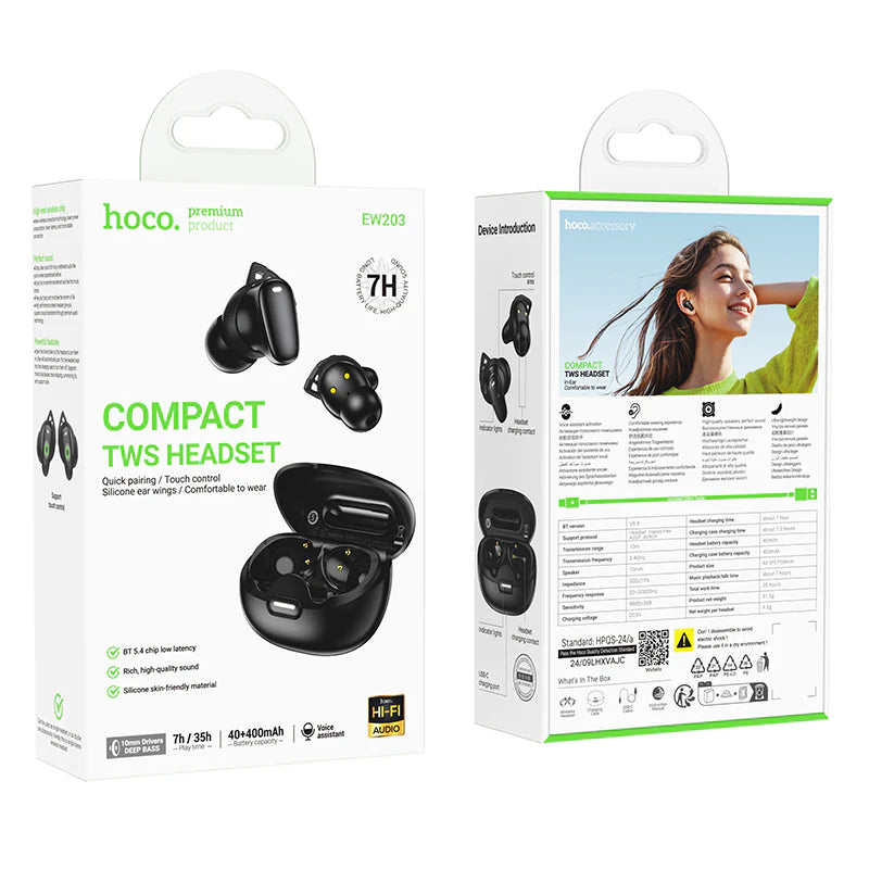 Hoco EW203 wireless earphones with deep bass and 7-hour playtime, close-up view of black in-ear earbuds on a white background