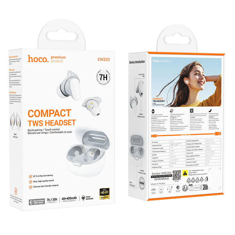 Hoco EW203 wireless earbuds with deep bass and 7-hour battery life, shown in black with in-ear design and charging case.
