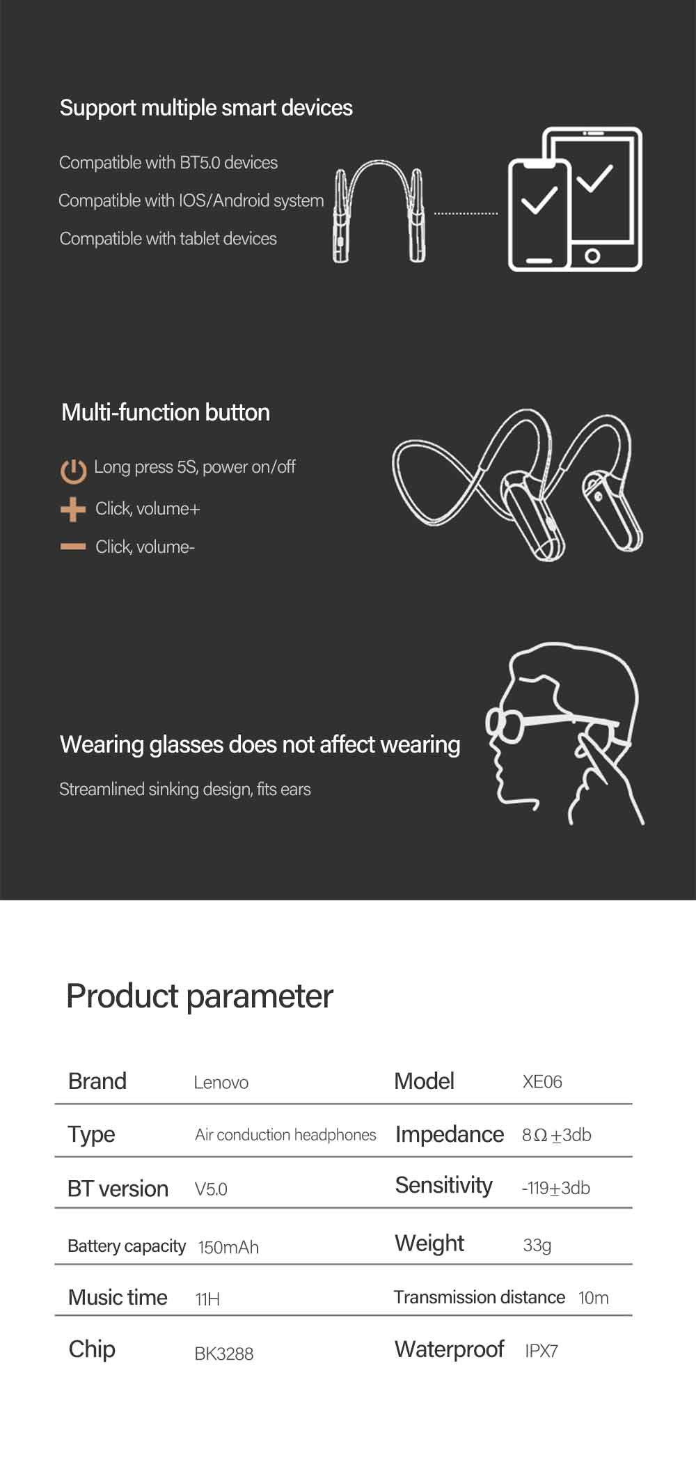 Lenovo XE06 Wireless BT Headphone Not In-ear Air Conduction Sports Earphone - SuperHub