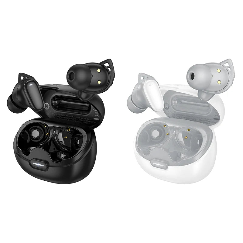Hoco EW203 wireless earbuds with deep bass and 7-hour playtime, shown in black with sleek earphone design.