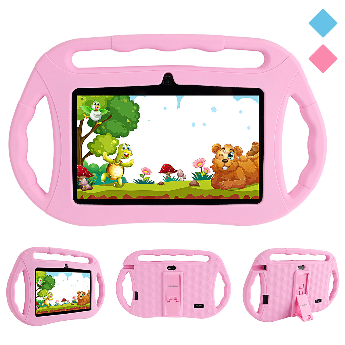 Veidoo 7-inch kids Android tablet with colorful protective case showing screen and sturdy design for children.