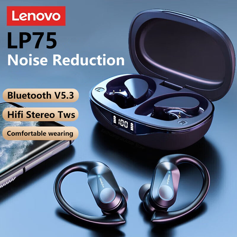 Lenovo LP75 Bluetooth Earphone Wireless Earbuds - Black - SuperHub