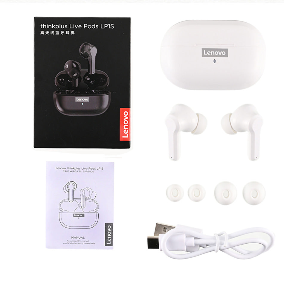 Lenovo LP1S TWS Wireless Bluetooth 5.0 Waterproof Sport Noise Reduction HIFI Bass Earphone with Mic- White - SuperHub