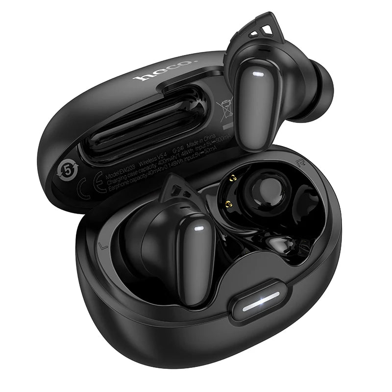 Hoco EW203 wireless earbuds with deep bass and charging case, shown from front with compact design and glossy black finish.