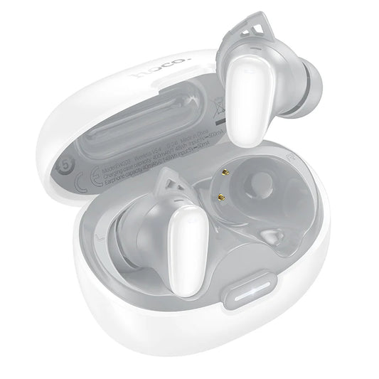 Hoco EW203 wireless earbuds with deep bass and 7-hour playtime, shown in a close-up image highlighting their sleek design.