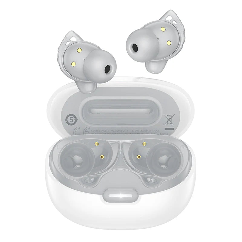 Hoco EW203 wireless earphones with deep bass and 7-hour playtime, shown in black with compact charging case