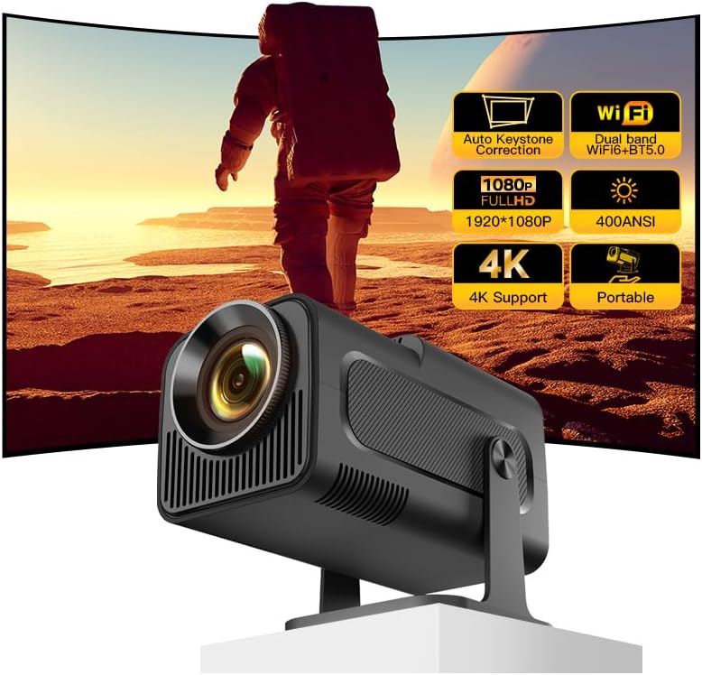 HY320 Projector - WiFi 6, BT 5.0, Android 11 - Native 1080P/4K Decoding - 180° Rotatable - SuperHub