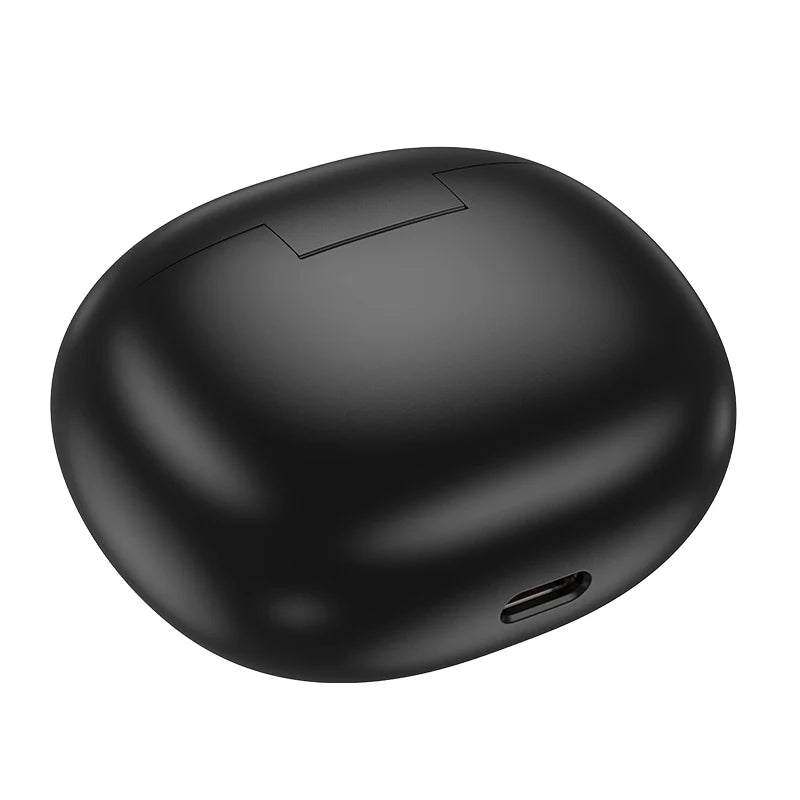 Hoco EW203 wireless earbuds with deep bass and 7-hour playtime, shown in black, compact earphone design with charging case