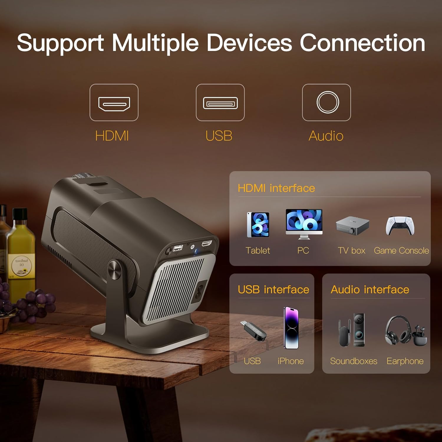 HY320 Projector - WiFi 6, BT 5.0, Android 11 - Native 1080P/4K Decoding - 180° Rotatable - SuperHub