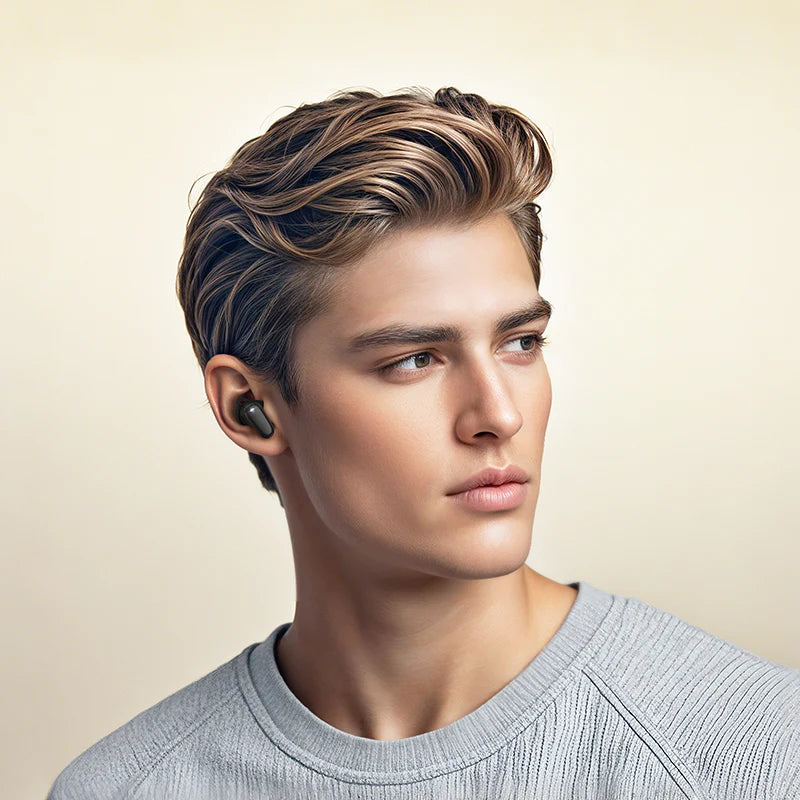 Hoco EW203 wireless earbuds with deep bass and 7-hour playtime, showing the compact earphone design in black.