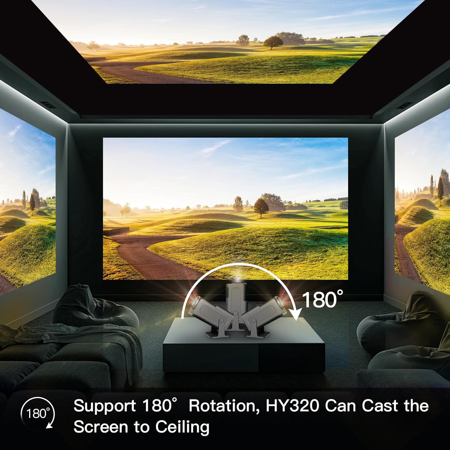 HY320 Projector - WiFi 6, BT 5.0, Android 11 - Native 1080P/4K Decoding - 180° Rotatable - SuperHub