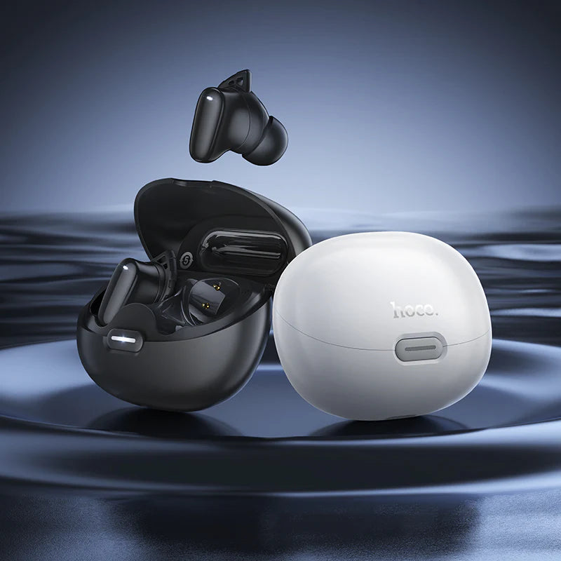 Hoco EW203 wireless earbuds with deep bass and 7-hour playtime, shown in black with compact charging case.
