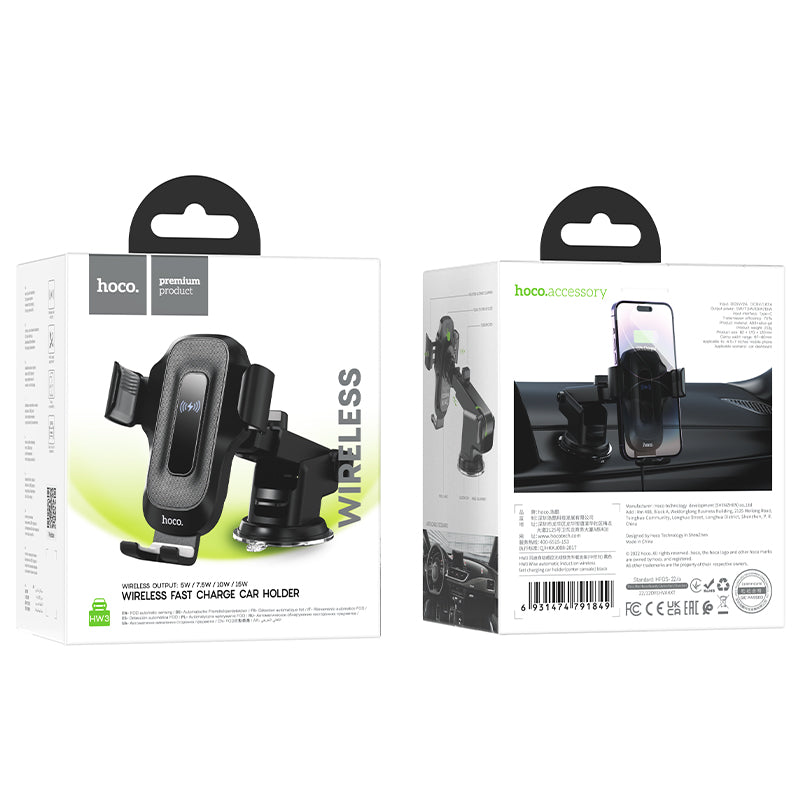 Hoco HW3 15W Automatic Clamping Wireless Charging Phone Holder | Windshield & Dashboard Mount - SuperHub