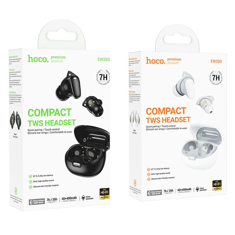 Hoco EW203 wireless earphones with deep bass and 7-hour playtime, shown in black with in-ear design and charging case