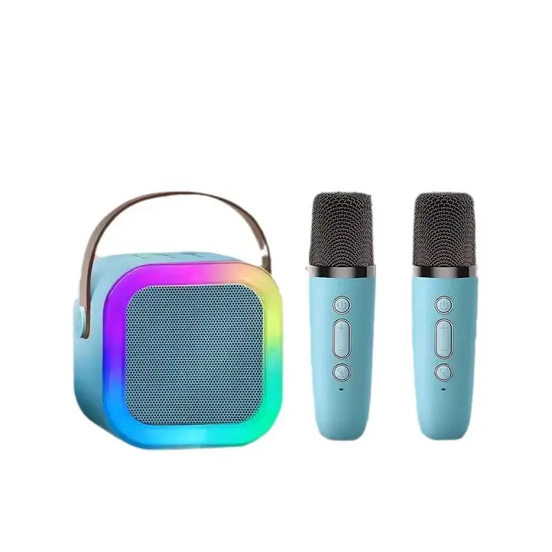 SuperHub K12 wireless Bluetooth karaoke speaker with dual microphones, compact design and built-in controls for singing and music playback.