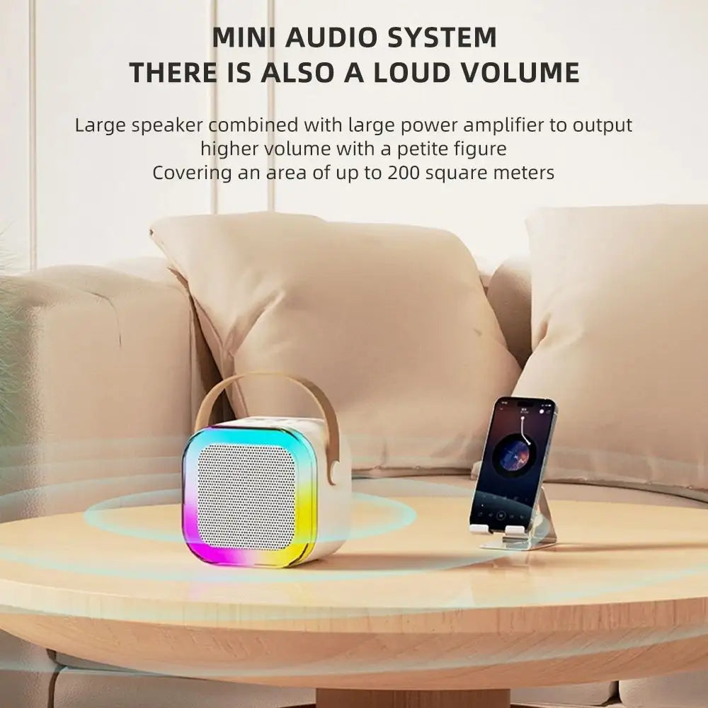 SuperHub K12 wireless Bluetooth karaoke speaker with dual microphones, showcasing a sleek black design and microphone setup.