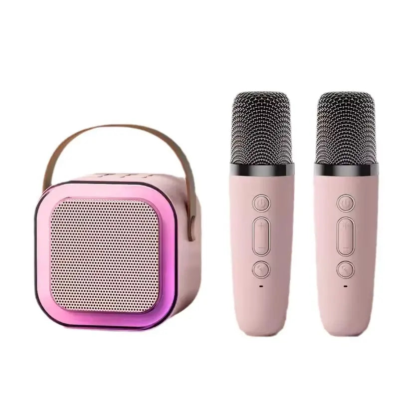 SuperHub K12 wireless Bluetooth karaoke speaker with dual microphones, featuring sleek design and easy connectivity.