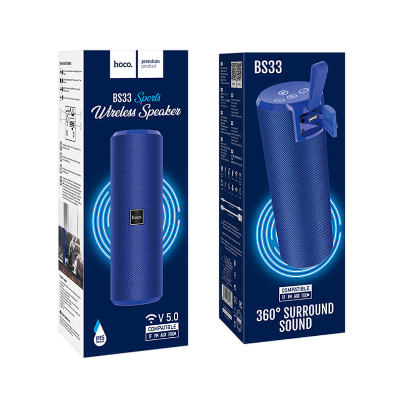 Hoco BS33 Voice portable Bluetooth speaker in blue, compact design with speaker grille and control buttons visible.