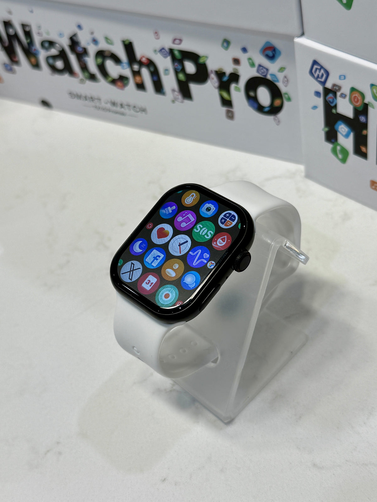 SuperHub TX10 Pro Max Smartwatch displaying a digital watch face with fitness tracking features and a black strap.