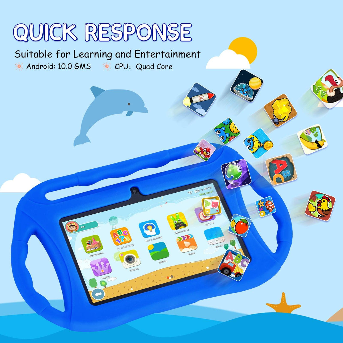 Veidoo 7-inch kids Android tablet with colorful protective case showing the screen and sturdy design for children.