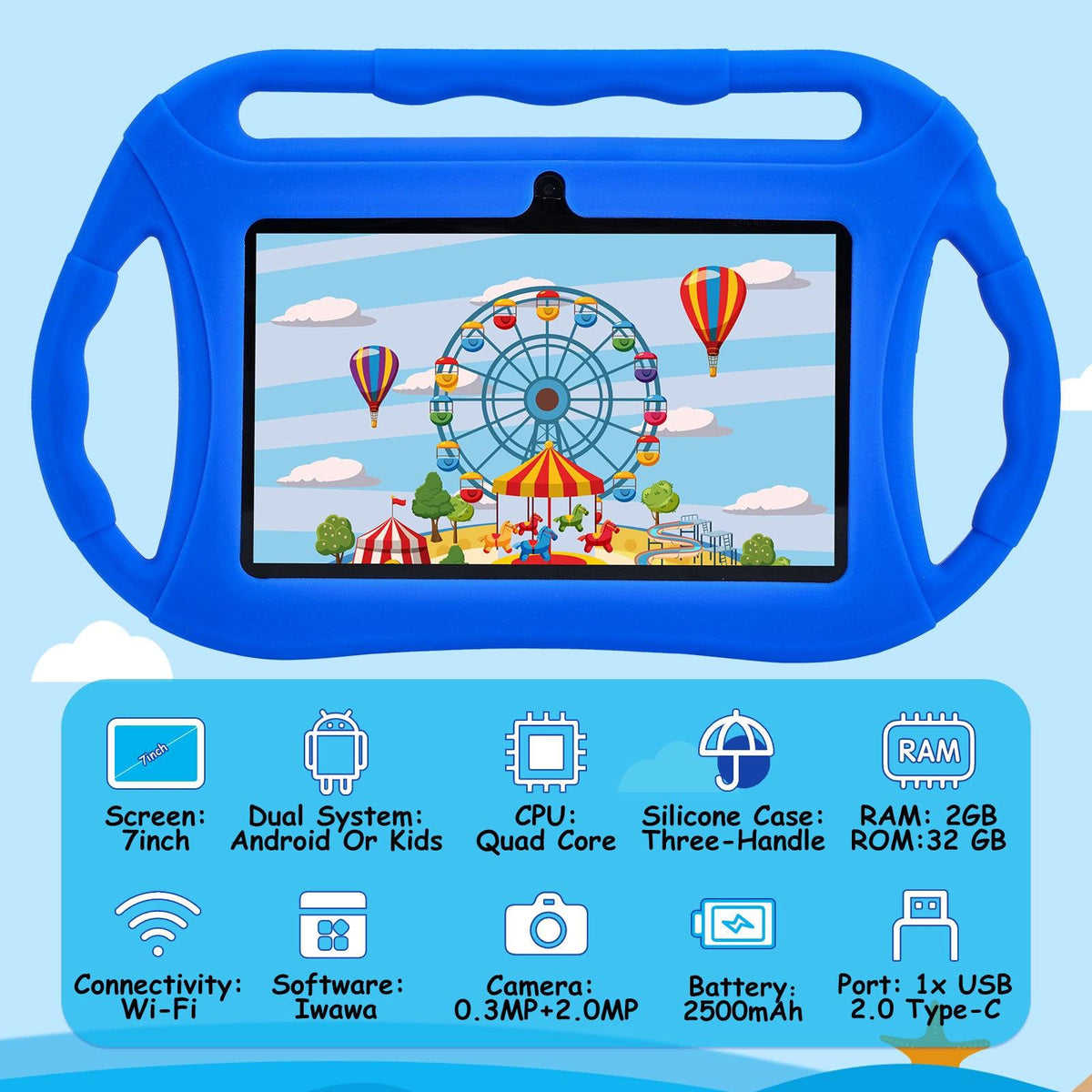 Veidoo 7-inch kids Android tablet with colorful protective case, showing screen with app icons and durable design for children.