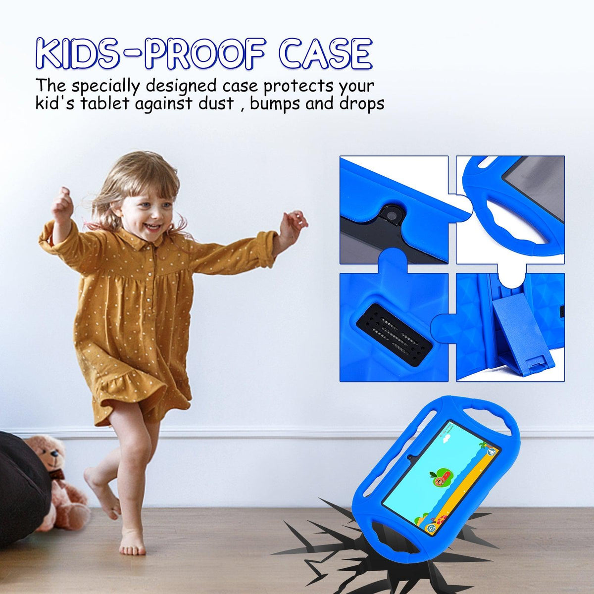 Veidoo 7-inch kids Android tablet with colorful protective case, touchscreen display and child-friendly design.