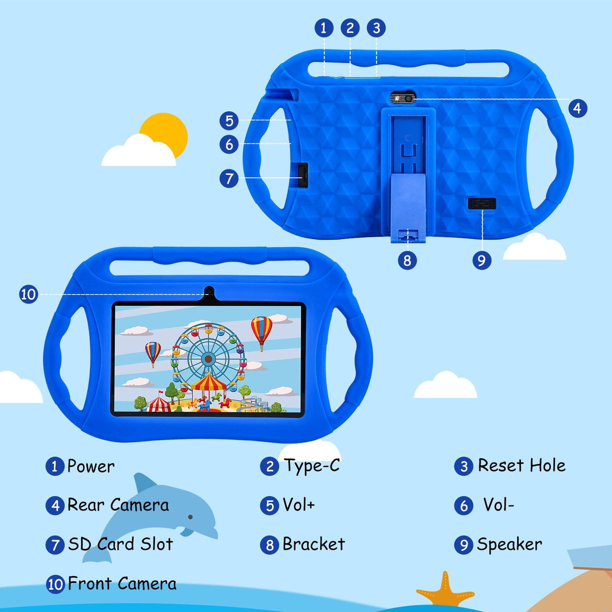 Veidoo 7-inch kids Android tablet with colorful protective case, showing screen and sturdy design for children.