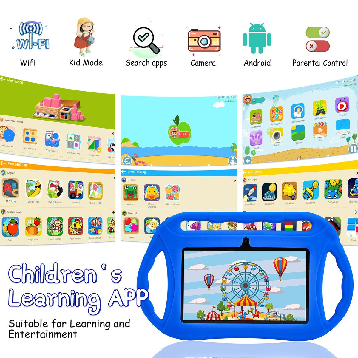 Veidoo 7-inch kids Android tablet with colorful protective case, featuring a screen displaying educational apps and fun graphics.