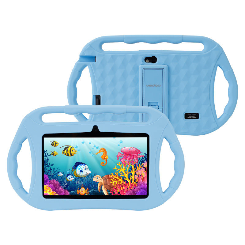 SuperHub Veidoo 7-inch Android tablet with protective case, showing the tablet screen and durable cover in a close-up shot.