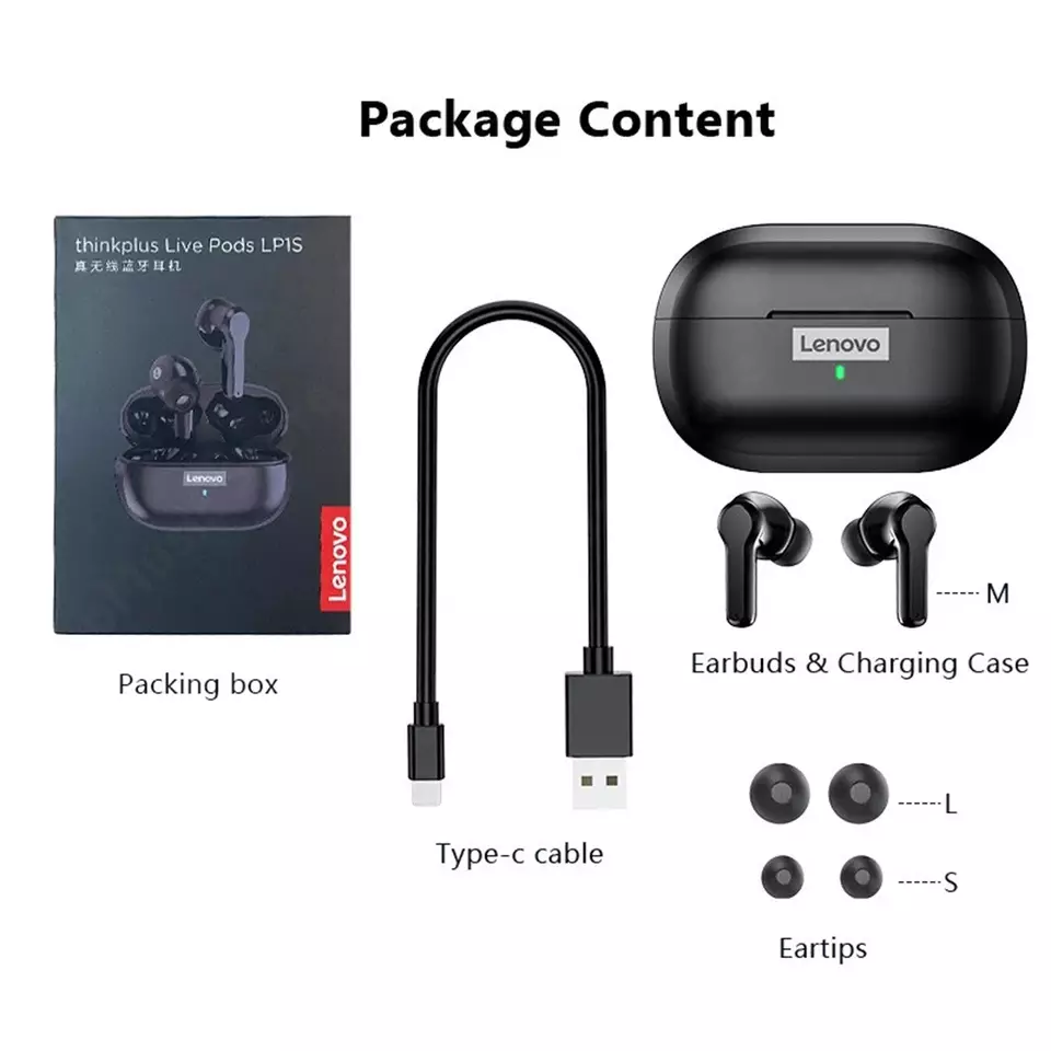 Lenovo LP1S TWS Wireless Bluetooth 5.0 Sport Noise Reduction HIFI Bass Earphone with Mic- Black - SuperHub