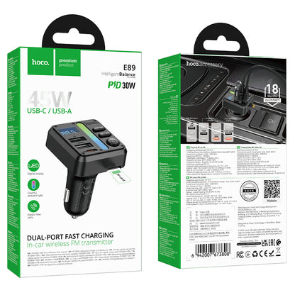 Hoco 45W FM Car Kit with PD+QC, LED Display (E89)
