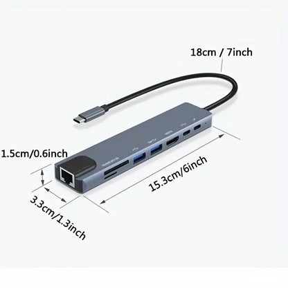 USB C Hub - 8 in 1 - Lan, 4K HDMI, 87W PD, USB 3.0 Ports, USB C Data Port And SD/TF Card Reader - SuperHub