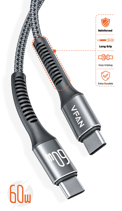 Super Fast Charging Cable with Reinforced Long Grip (X22) - 60W Type C to Type C (2 Meter) - SuperHub