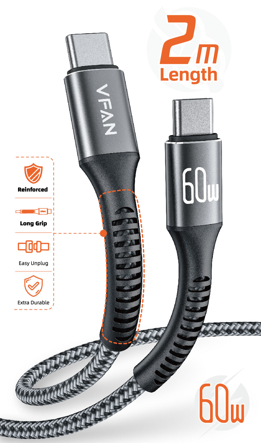 Super Fast Charging Cable with Reinforced Long Grip (X22) - 60W Type C to Type C (2 Meter) - SuperHub