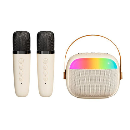 Mini Portable Karaoke Speaker Dual Mic with LED Lights - Beige - SuperHub