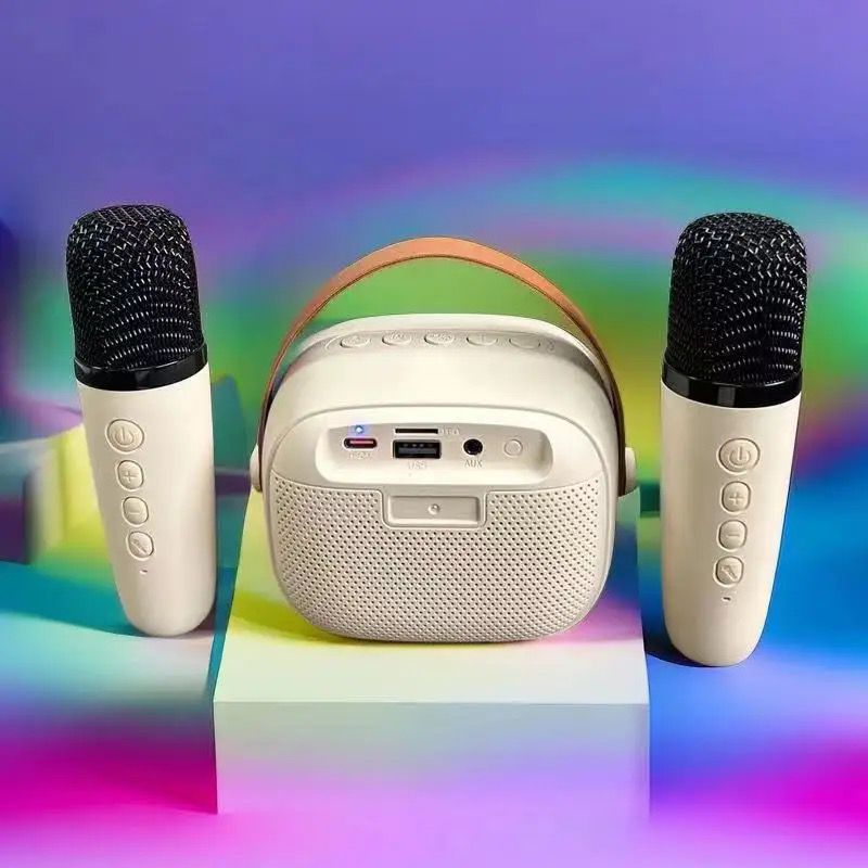 Mini Portable Karaoke Speaker Dual Mic with LED Lights - Beige - SuperHub