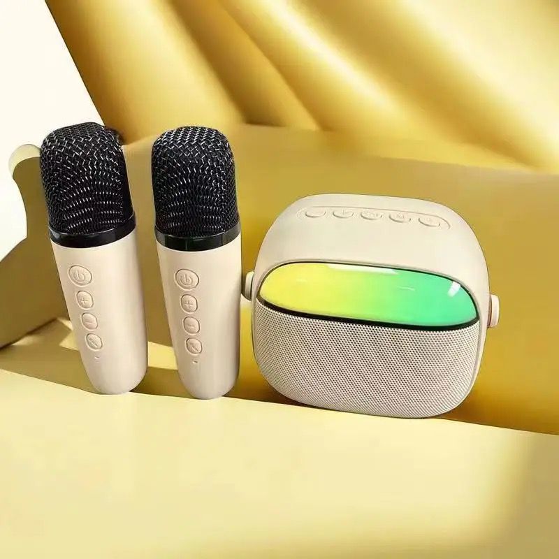 Mini Portable Karaoke Speaker Dual Mic with LED Lights - Beige - SuperHub