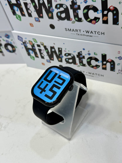 SuperHub TX10 Pro Max Smartwatch displaying a colorful digital watch face with fitness tracking features and a sleek black band.