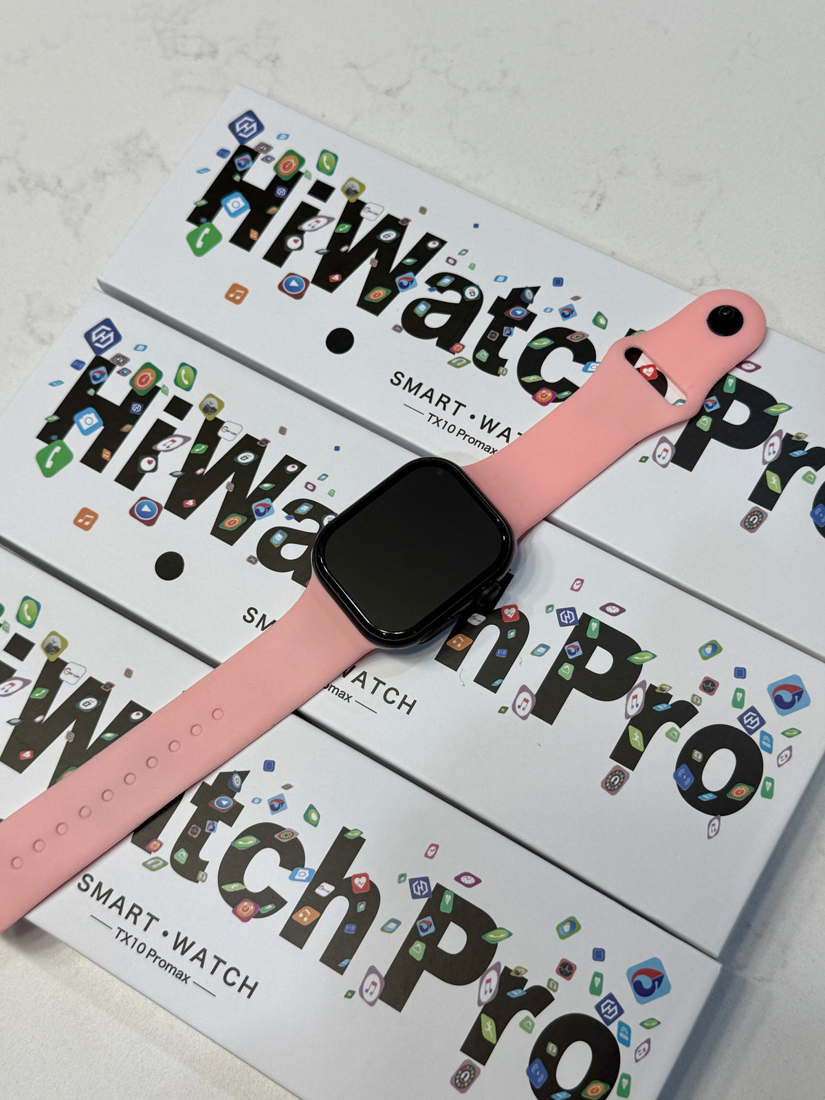 SuperHub TX10 Pro Max Smartwatch displaying digital time, fitness tracking features, and sleek black band on a white background.