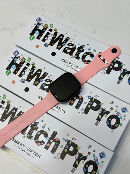 SuperHub TX10 Pro Max Smartwatch displaying digital time, fitness tracking features, and sleek black band on a white background.