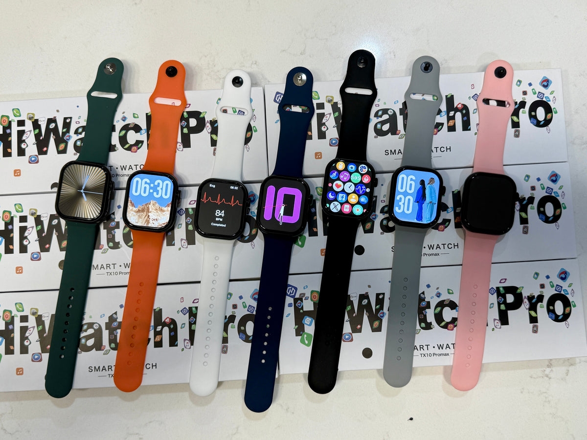SuperHub TX10 Pro Max Smartwatch displaying a digital screen with fitness stats and smartwatch features.