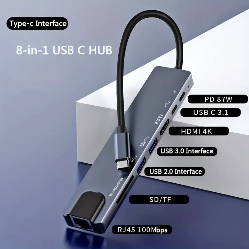 USB C Hub - 8 in 1 - Lan, 4K HDMI, 87W PD, USB 3.0 Ports, USB C Data Port And SD/TF Card Reader - SuperHub